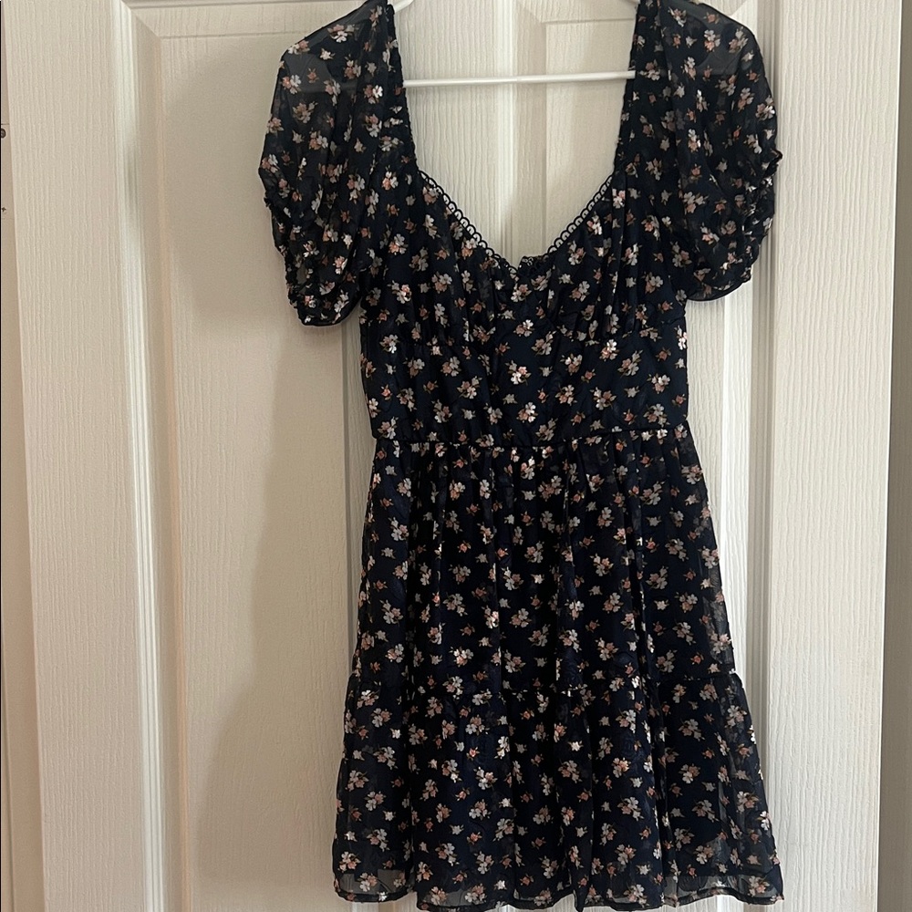 Francescas Blue Adorable and flattering Floral Dress with sheer puffy sleeves